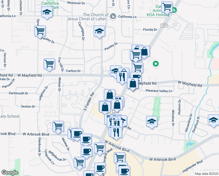 map of restaurants, bars, coffee shops, grocery stores, and more near 1401 Blue Danube Street in Arlington