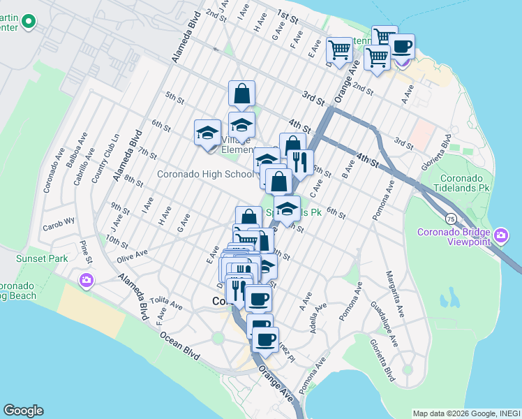 map of restaurants, bars, coffee shops, grocery stores, and more near 1019 7th Street in Coronado