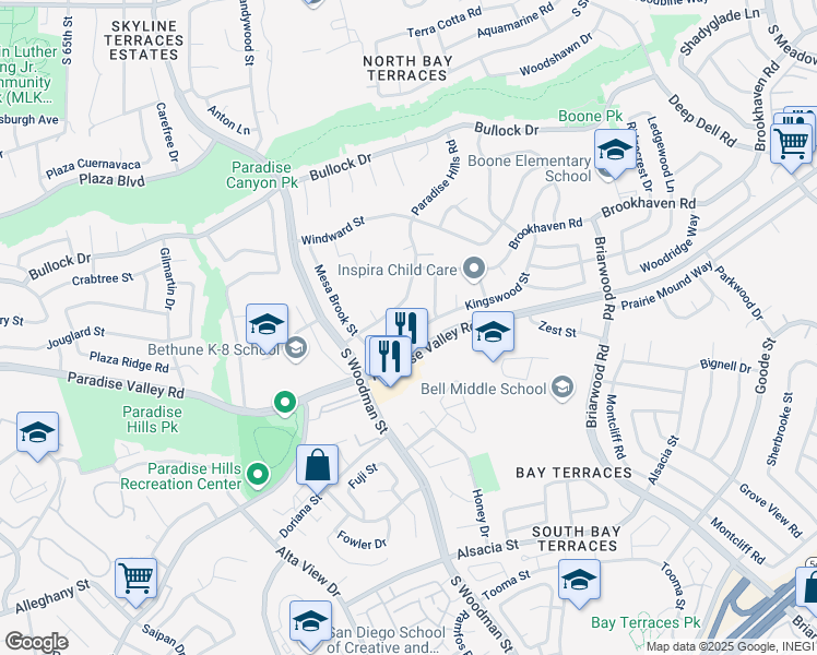 map of restaurants, bars, coffee shops, grocery stores, and more near 704 Kingswood Street in San Diego