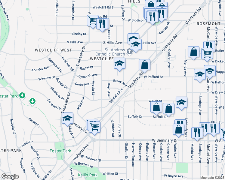map of restaurants, bars, coffee shops, grocery stores, and more near 3424 Cloer Drive in Fort Worth