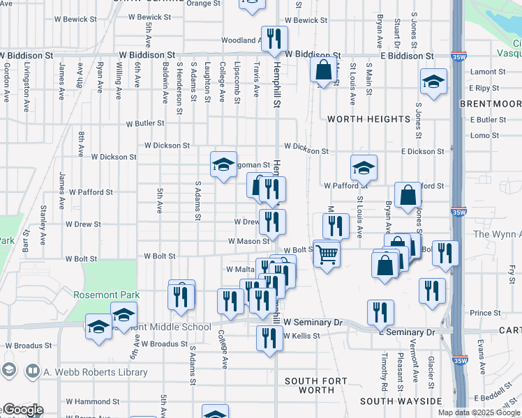 map of restaurants, bars, coffee shops, grocery stores, and more near 708 West Fogg Street in Fort Worth