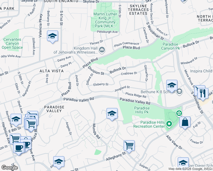 map of restaurants, bars, coffee shops, grocery stores, and more near 6359 Elsberry Street in San Diego