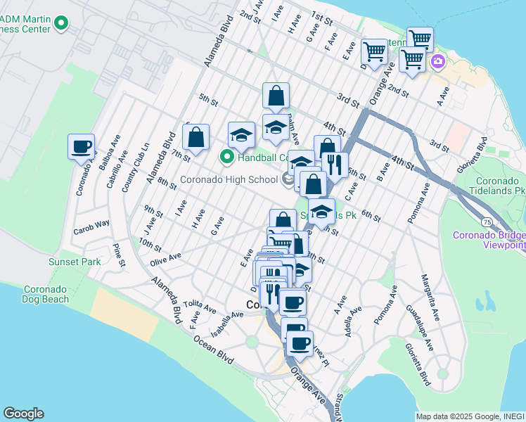 map of restaurants, bars, coffee shops, grocery stores, and more near 706 E Avenue in Coronado