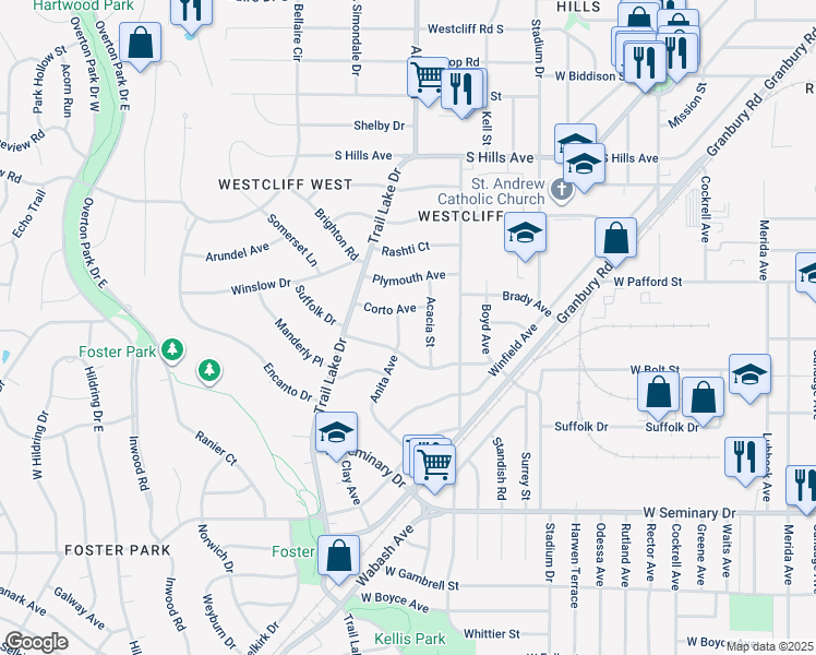 map of restaurants, bars, coffee shops, grocery stores, and more near 3521 Corto Avenue in Fort Worth