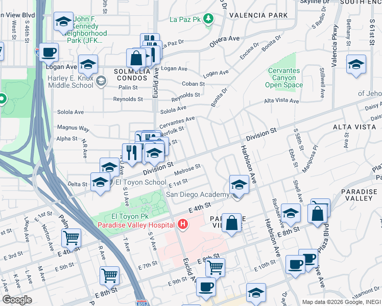 map of restaurants, bars, coffee shops, grocery stores, and more near 47 North Lanoitan Avenue in National City