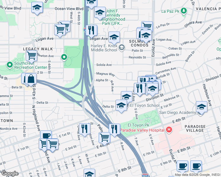 map of restaurants, bars, coffee shops, grocery stores, and more near 1727 Beta Street in National City