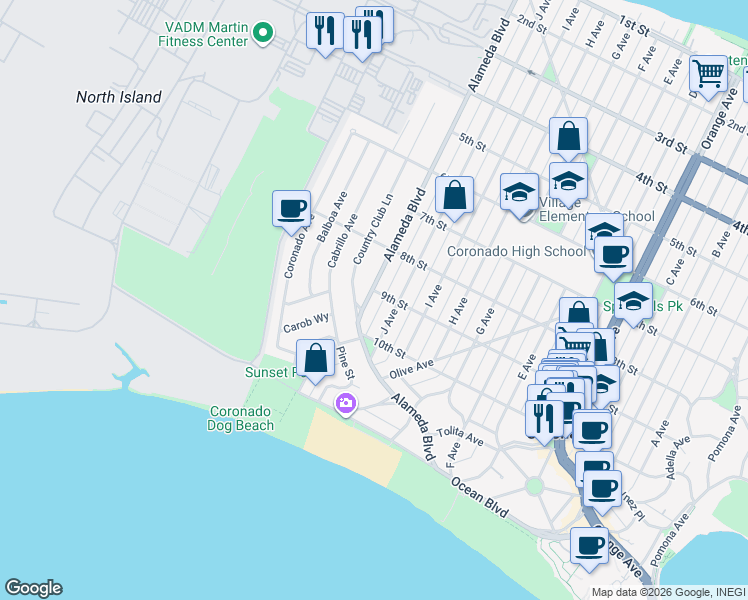 map of restaurants, bars, coffee shops, grocery stores, and more near 305 9th Street in Coronado