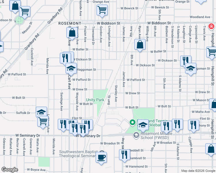 map of restaurants, bars, coffee shops, grocery stores, and more near 3913 Livingston Avenue in Fort Worth