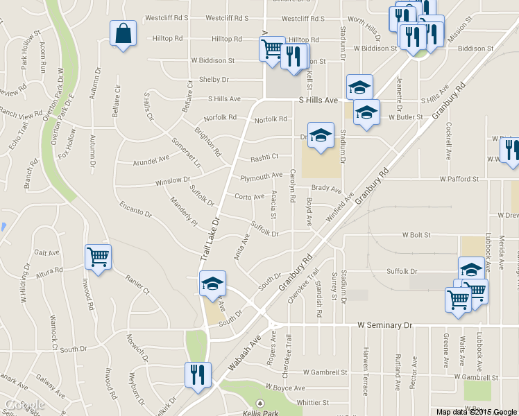 map of restaurants, bars, coffee shops, grocery stores, and more near 3521 Corto Avenue in Fort Worth