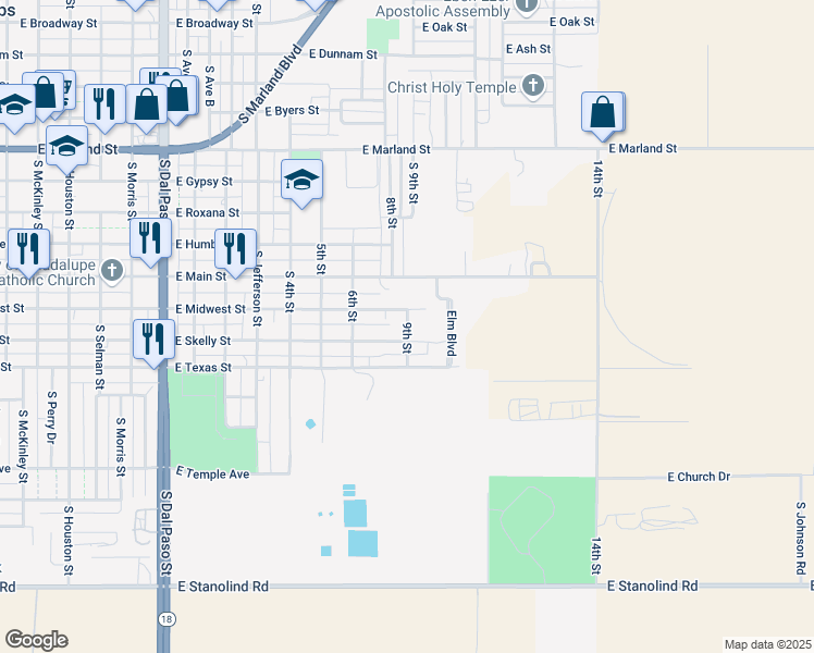 map of restaurants, bars, coffee shops, grocery stores, and more near 1615 East Midwest Street in Hobbs