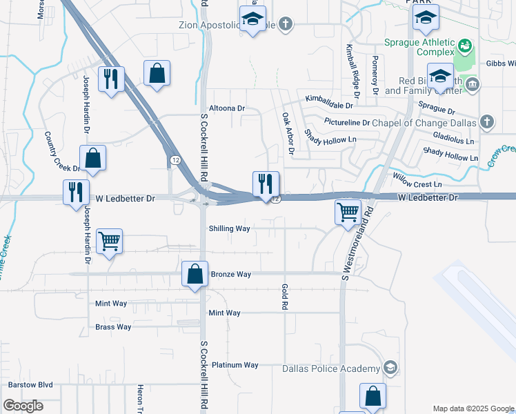 map of restaurants, bars, coffee shops, grocery stores, and more near 4130 South Walton Walker Boulevard in Dallas