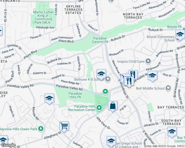 map of restaurants, bars, coffee shops, grocery stores, and more near 1715 Plaza Crest Ridge Road in San Diego