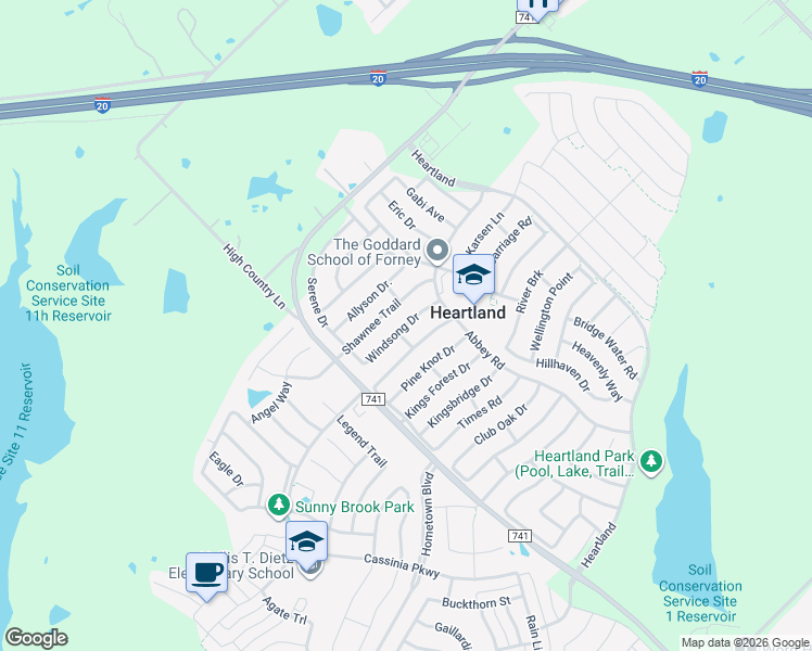map of restaurants, bars, coffee shops, grocery stores, and more near 2033 Windsong Drive in Forney