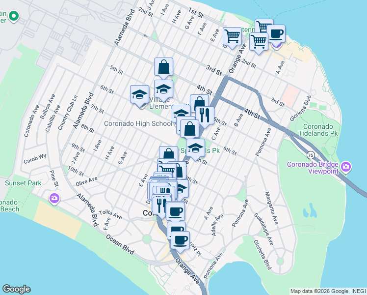 map of restaurants, bars, coffee shops, grocery stores, and more near 1019 7th Street in Coronado