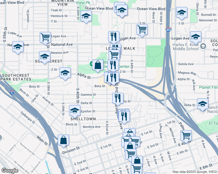 map of restaurants, bars, coffee shops, grocery stores, and more near 1460 South 43rd Street in San Diego