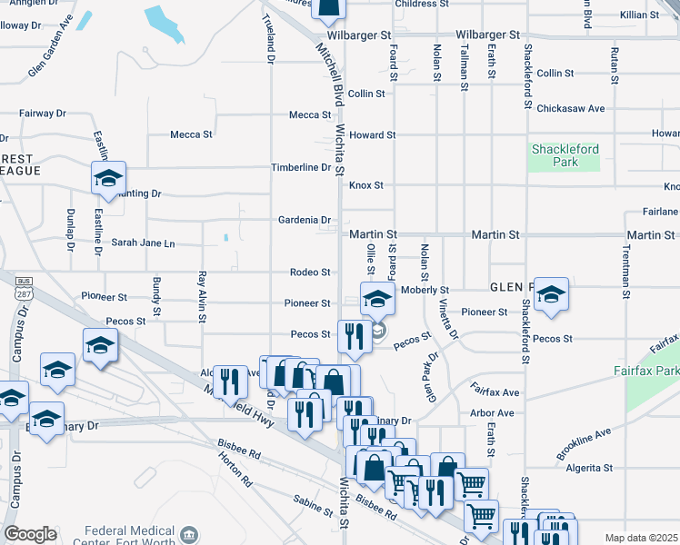 map of restaurants, bars, coffee shops, grocery stores, and more near 5035 Rodeo Street in Fort Worth
