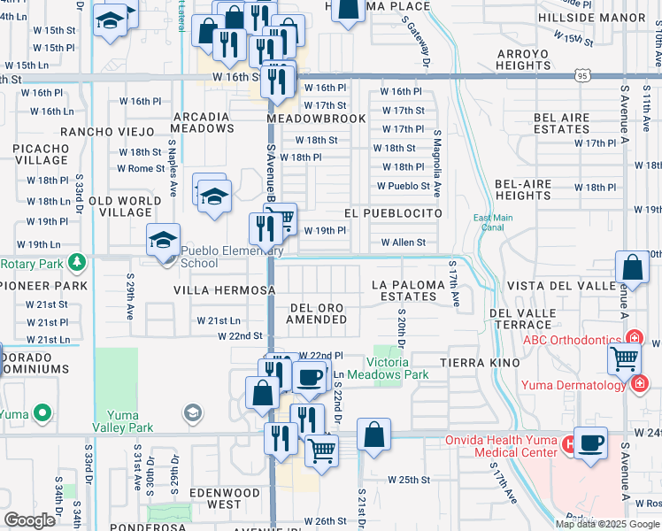 map of restaurants, bars, coffee shops, grocery stores, and more near 2230 West Del Oro Lane in Yuma