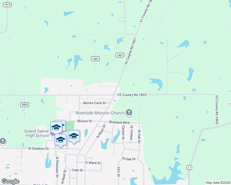 map of restaurants, bars, coffee shops, grocery stores, and more near 536 County Road 1803 in Grand Saline