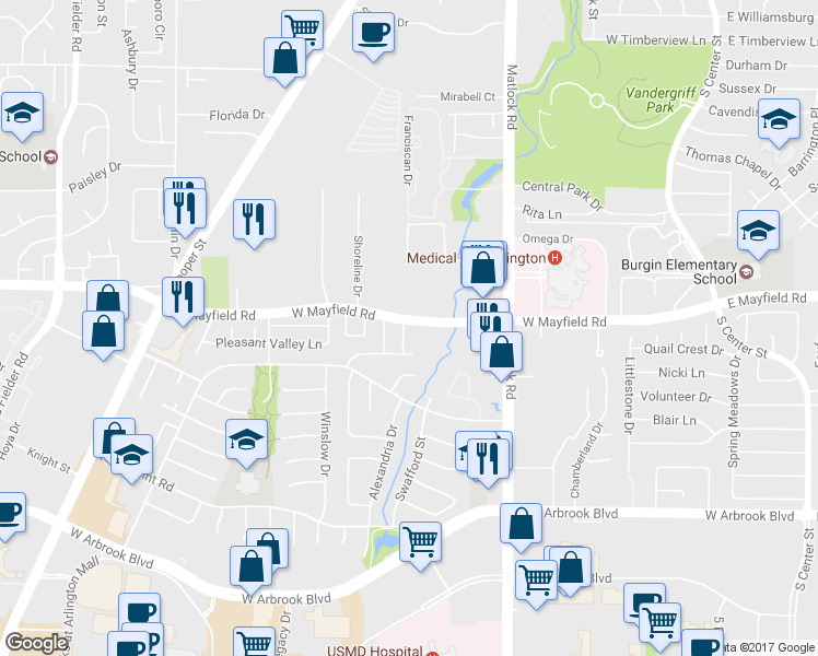 map of restaurants, bars, coffee shops, grocery stores, and more near 3401 Capri Lane in Arlington