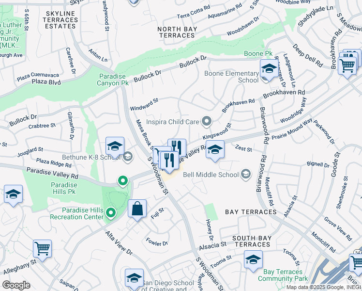 map of restaurants, bars, coffee shops, grocery stores, and more near 684 Kingswood Street in San Diego