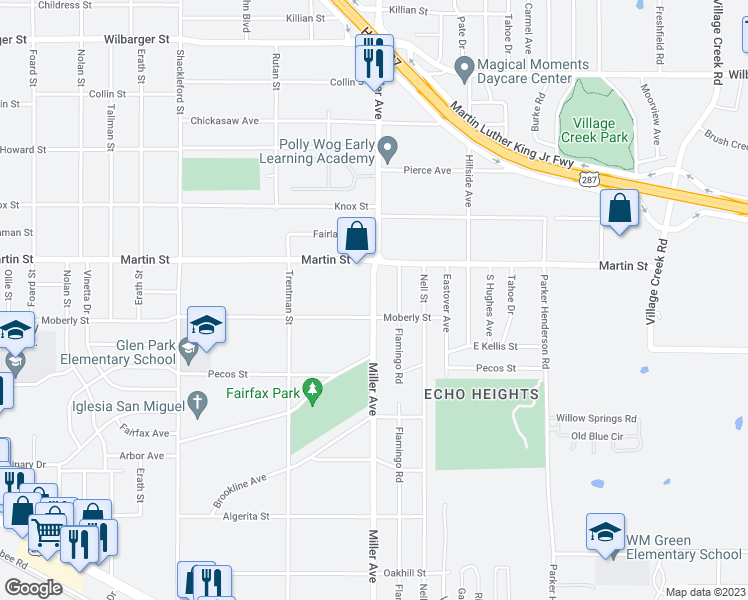 map of restaurants, bars, coffee shops, grocery stores, and more near 4825 Miller Avenue in Fort Worth