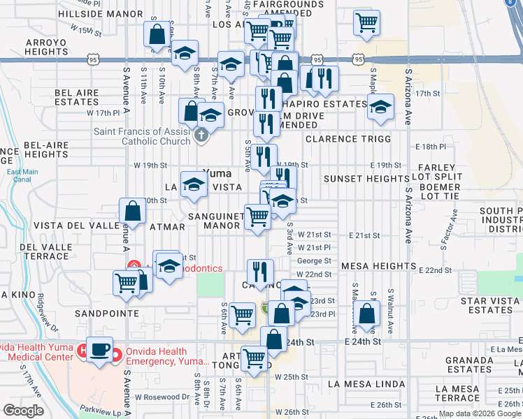 map of restaurants, bars, coffee shops, grocery stores, and more near 2000 South 5th Blk Avenue in Yuma