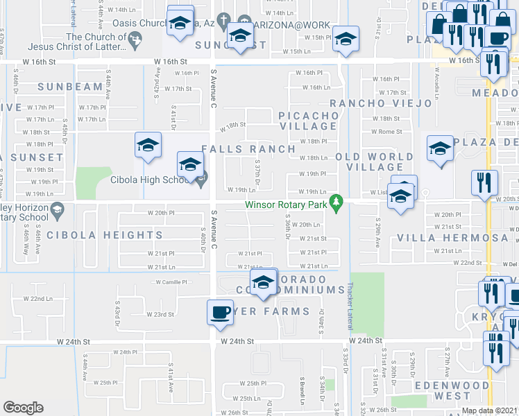 map of restaurants, bars, coffee shops, grocery stores, and more near 3740 West 20th Place in Yuma