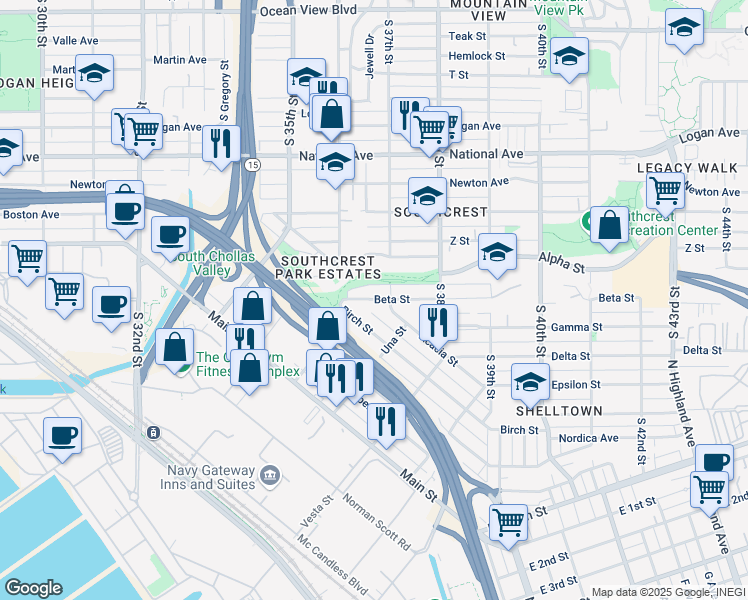map of restaurants, bars, coffee shops, grocery stores, and more near 3660 Beta Street in San Diego