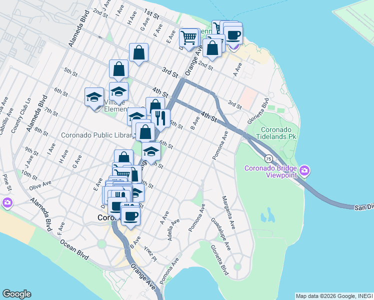 map of restaurants, bars, coffee shops, grocery stores, and more near 559 B Avenue in Coronado