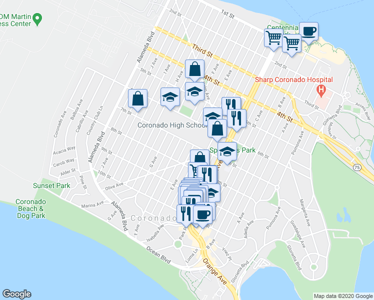 map of restaurants, bars, coffee shops, grocery stores, and more near 706 E Avenue in Coronado