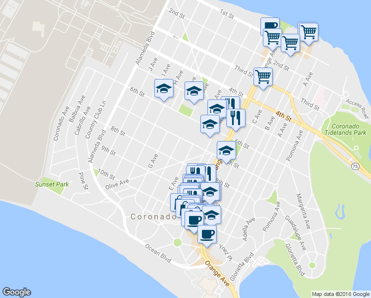 map of restaurants, bars, coffee shops, grocery stores, and more near 706 E Avenue in Coronado