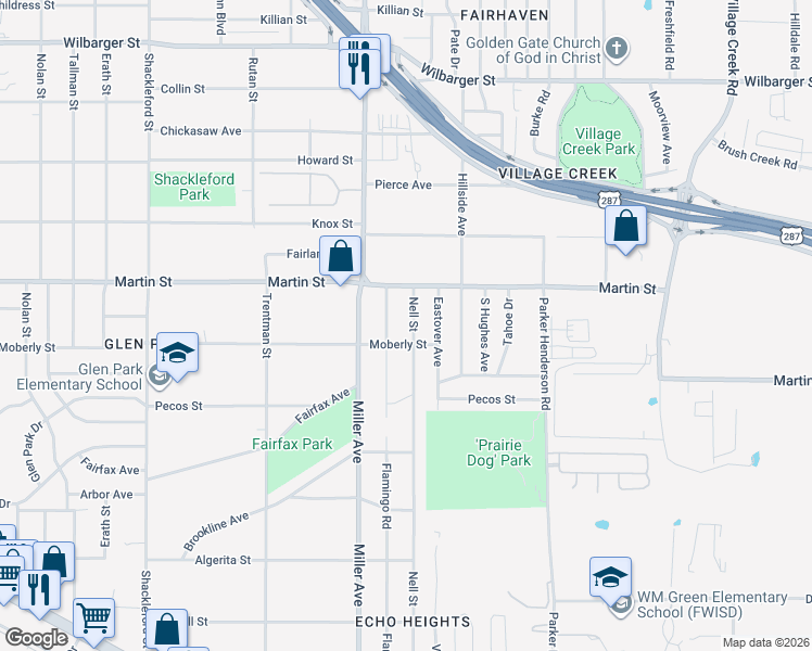 map of restaurants, bars, coffee shops, grocery stores, and more near 4821 Flamingo Road in Fort Worth
