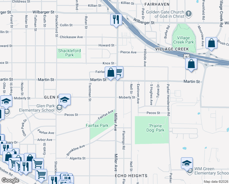 map of restaurants, bars, coffee shops, grocery stores, and more near 4825 Miller Avenue in Fort Worth