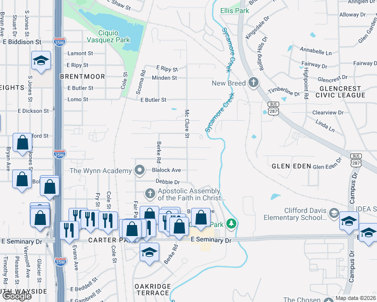 map of restaurants, bars, coffee shops, grocery stores, and more near 1300 East Fogg Street in Fort Worth