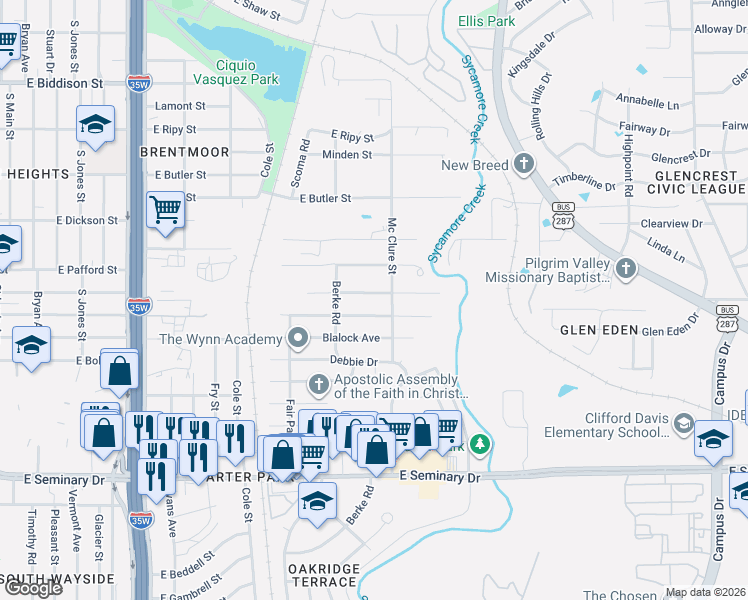 map of restaurants, bars, coffee shops, grocery stores, and more near 1236 East Fogg Street in Fort Worth