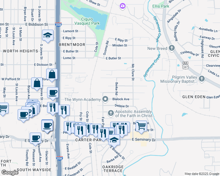 map of restaurants, bars, coffee shops, grocery stores, and more near 1182 East Fogg Street in Fort Worth