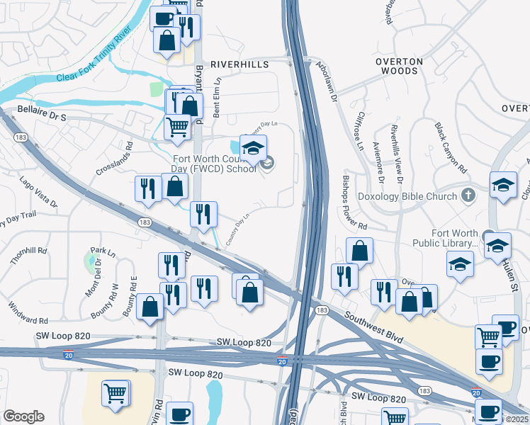 map of restaurants, bars, coffee shops, grocery stores, and more near 4217-4223 Country Day Ln in Fort Worth