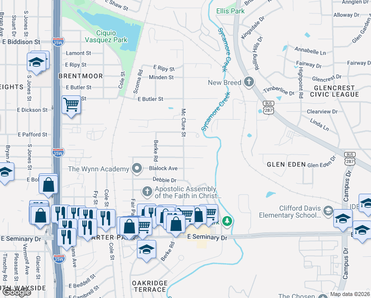 map of restaurants, bars, coffee shops, grocery stores, and more near 1300 East Fogg Street in Fort Worth