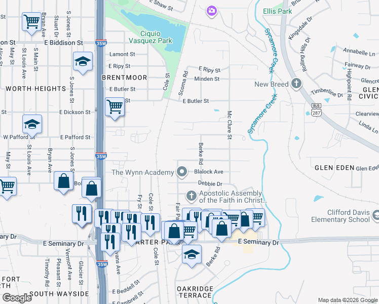 map of restaurants, bars, coffee shops, grocery stores, and more near 1182 East Fogg Street in Fort Worth
