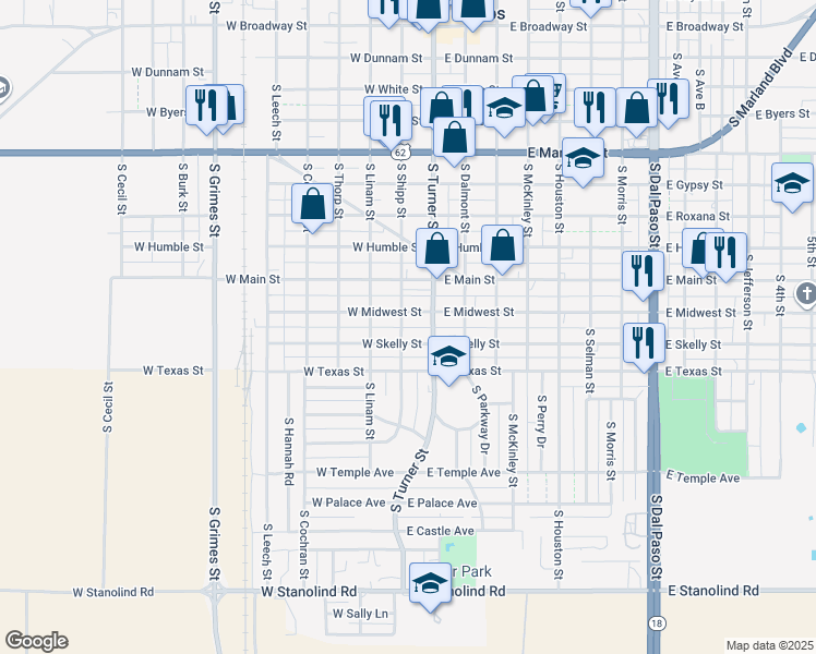 map of restaurants, bars, coffee shops, grocery stores, and more near 115 W Midwest St in Hobbs