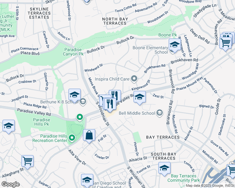 map of restaurants, bars, coffee shops, grocery stores, and more near 684 Kingswood Street in San Diego