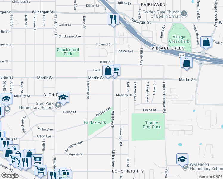 map of restaurants, bars, coffee shops, grocery stores, and more near 4825 Miller Avenue in Fort Worth