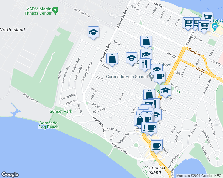 map of restaurants, bars, coffee shops, grocery stores, and more near 822 H Avenue in Coronado