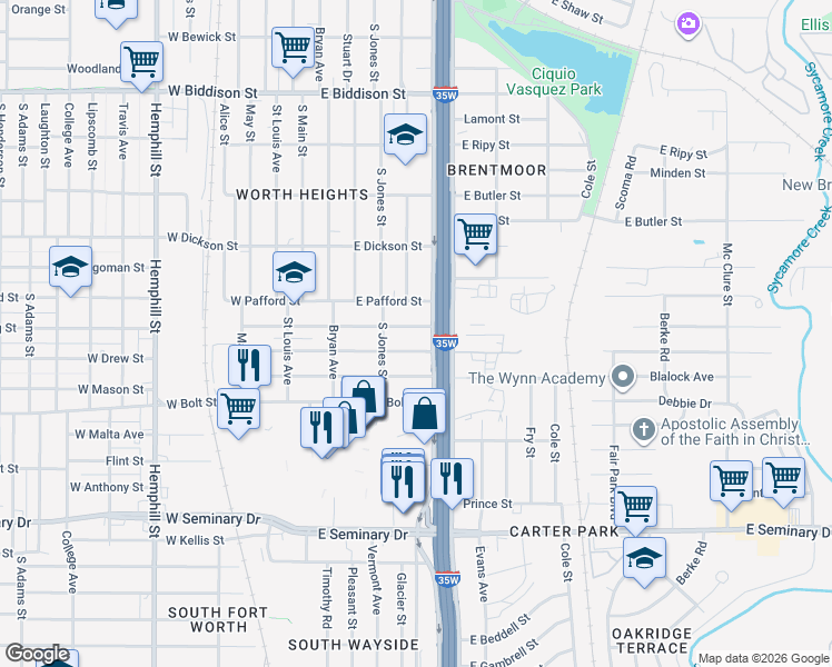 map of restaurants, bars, coffee shops, grocery stores, and more near 604 East Fogg Street in Fort Worth
