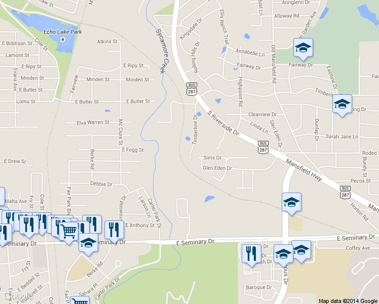 map of restaurants, bars, coffee shops, grocery stores, and more near 3900 Timberline Drive in Fort Worth