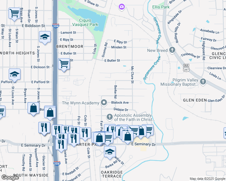 map of restaurants, bars, coffee shops, grocery stores, and more near 1182 East Fogg Street in Fort Worth