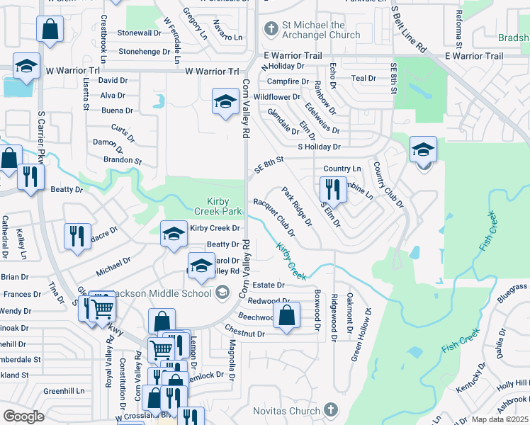 map of restaurants, bars, coffee shops, grocery stores, and more near 3669 Racquet Club Drive in Grand Prairie