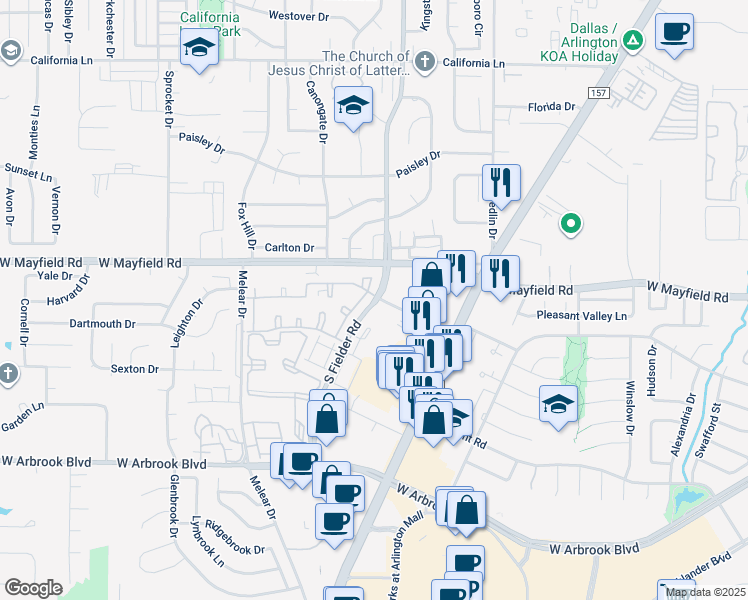 map of restaurants, bars, coffee shops, grocery stores, and more near 3440 South Fielder Road in Arlington