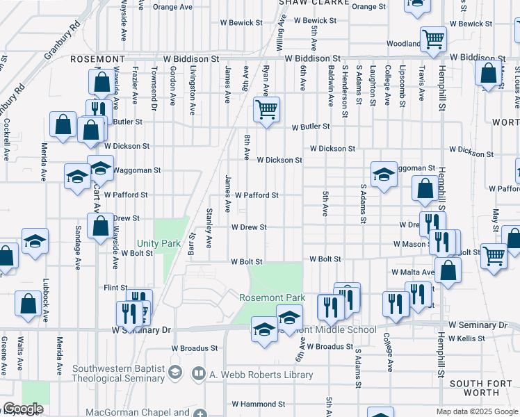 map of restaurants, bars, coffee shops, grocery stores, and more near 3913 Ryan Avenue in Fort Worth