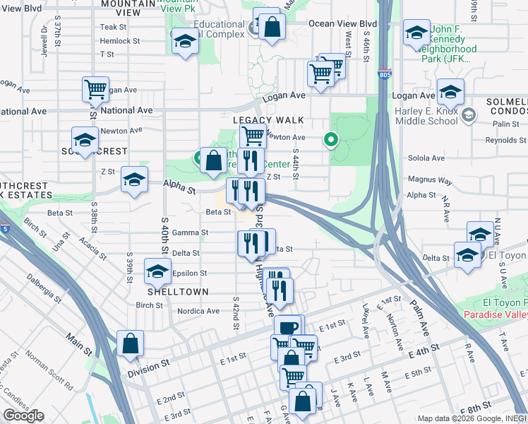 map of restaurants, bars, coffee shops, grocery stores, and more near 1455 South 43rd Street in San Diego